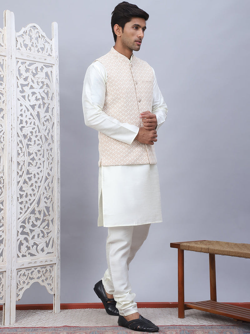 Embroidered Nehru Jacket With Solid Kurta Pyjama Set