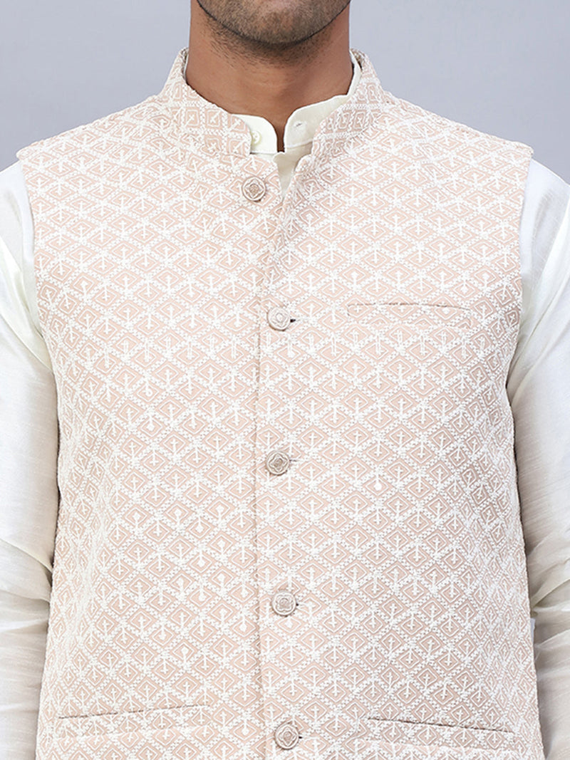 Embroidered Nehru Jacket With Solid Kurta Pyjama Set