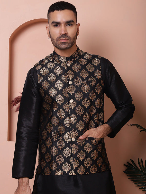 Men's Black Printed Nehru Jacket With Solid Kurta Pyjama