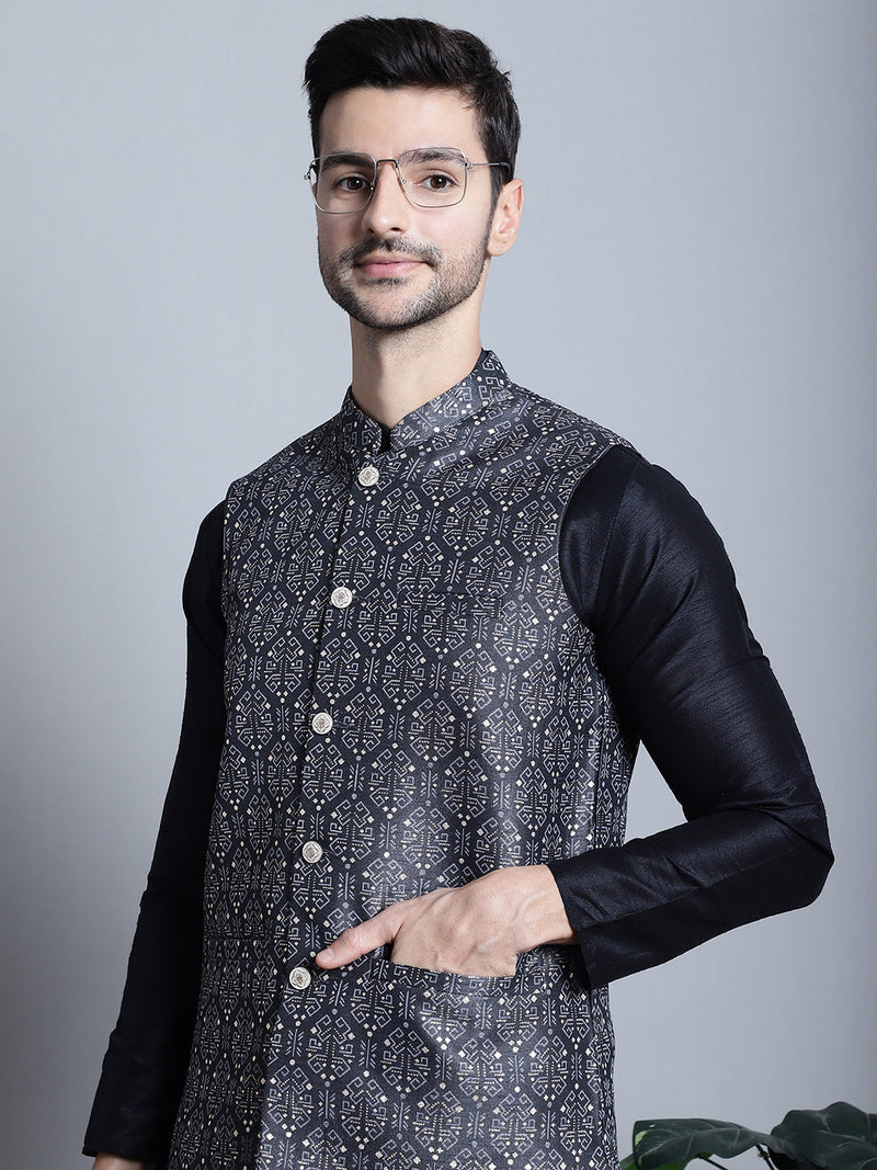 Men's Printed Nehru Jacket With Kurta Pyjama Set