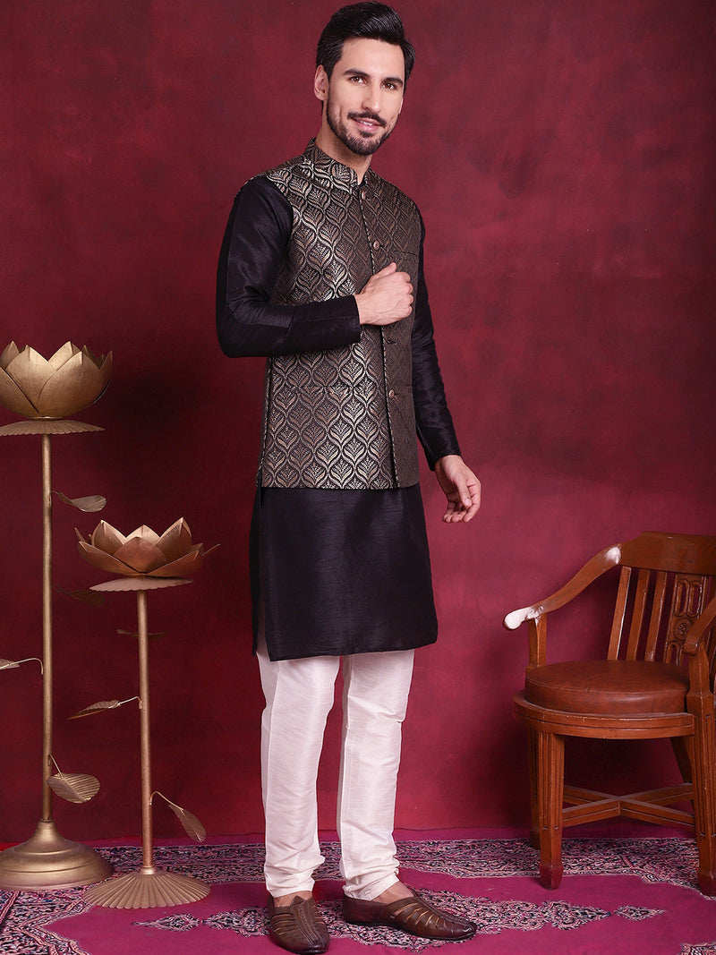 Woven Design Nehru Jacket With Kurta Pyjama Set ( JOKPWC 636B 4088 Golden )