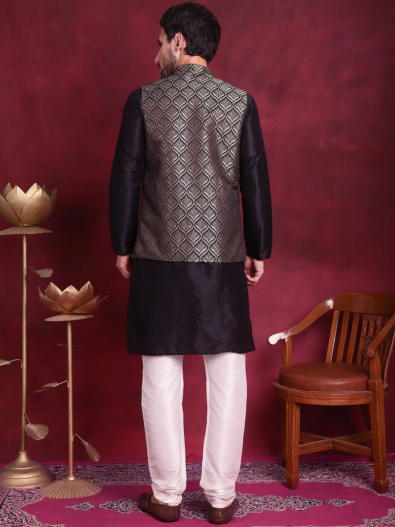 Woven Design Nehru Jacket With Kurta Pyjama Set ( JOKPWC 636B 4088 Golden )