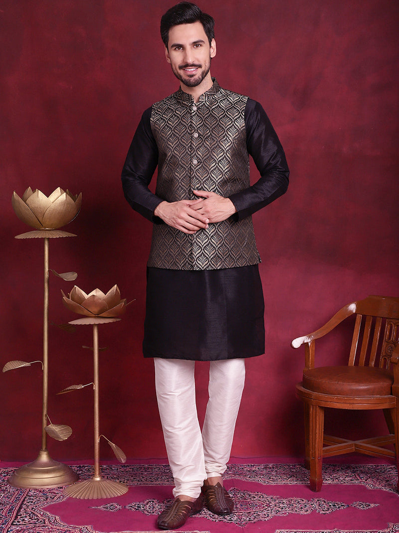 Woven Design Nehru Jacket With Kurta Pyjama Set ( JOKPWC 636B 4088 Golden )