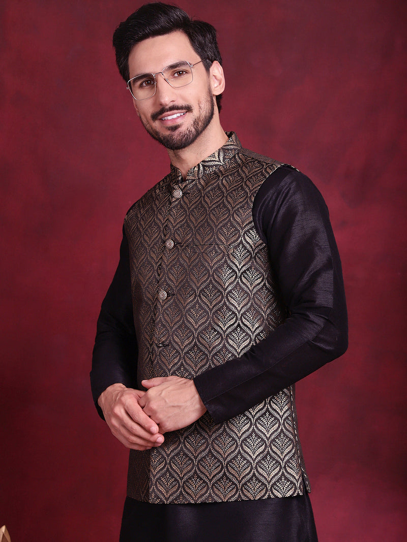 Woven Design Nehru Jacket With Kurta Pyjama Set ( JOKPWC 636B 4088 Golden )