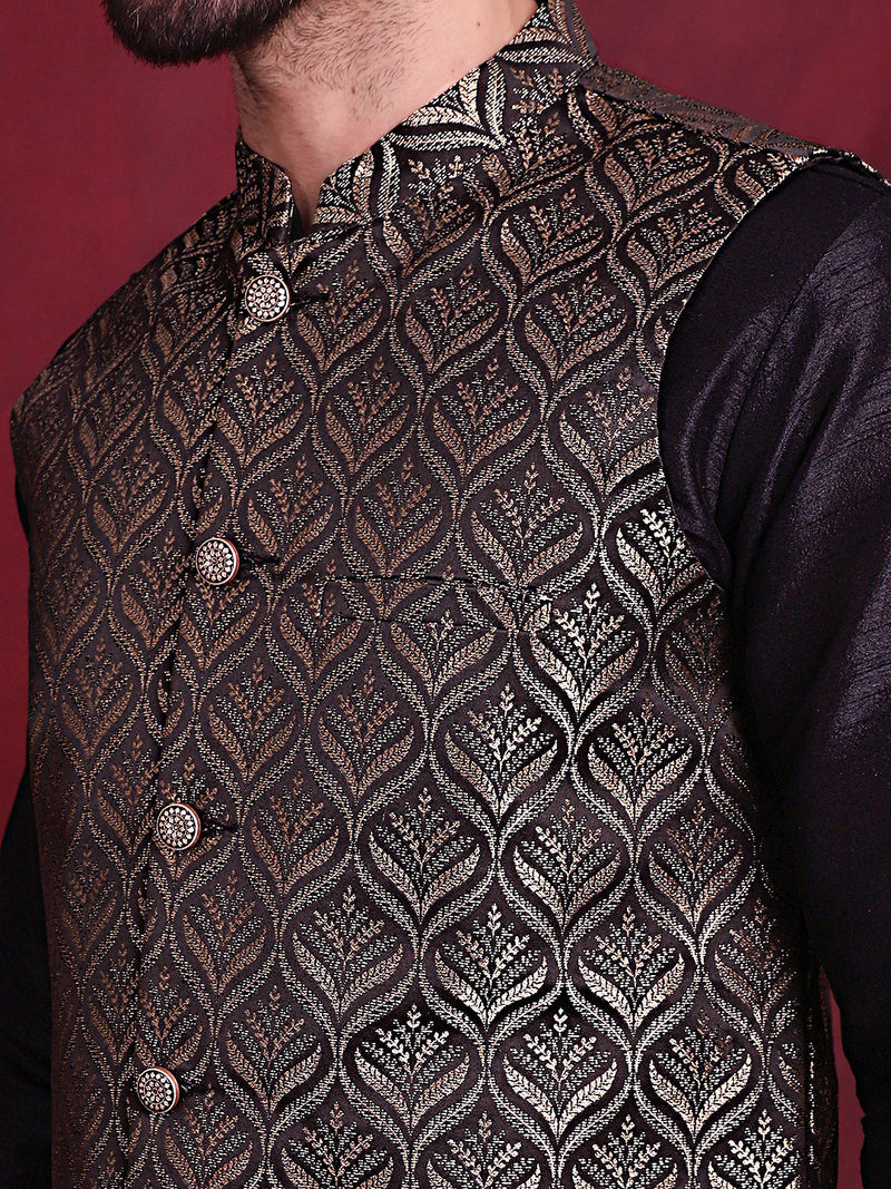 Woven Design Nehru Jacket With Kurta Pyjama Set ( JOKPWC 636B 4088 Golden )