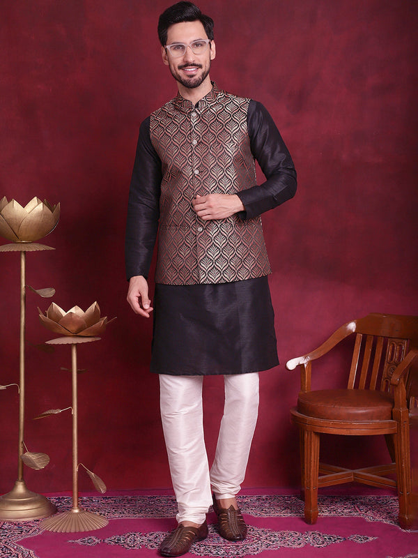 Woven Design Nehru Jacket With Kurta Pyjama Set ( JOKPWC 636B 4088 Maroon )