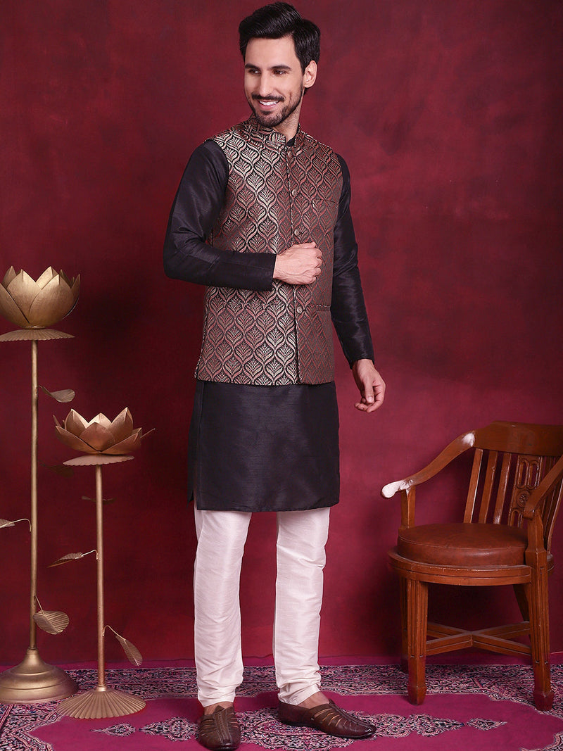 Woven Design Nehru Jacket With Kurta Pyjama Set ( JOKPWC 636B 4088 Maroon )