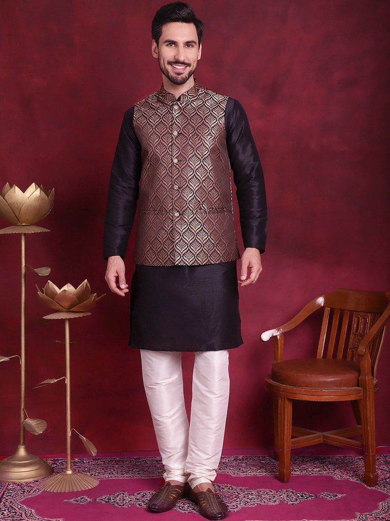 Woven Design Nehru Jacket With Kurta Pyjama Set ( JOKPWC 636B 4088 Maroon )