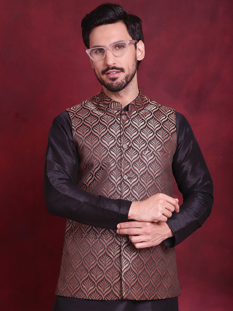 Woven Design Nehru Jacket With Kurta Pyjama Set ( JOKPWC 636B 4088 Maroon )