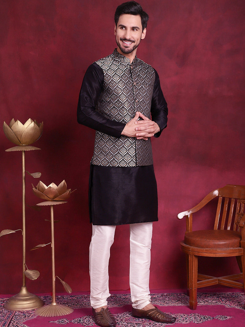 Woven Design Nehru Jacket With Kurta Pyjama Set ( JOKPWC 636B 4088 Silver )