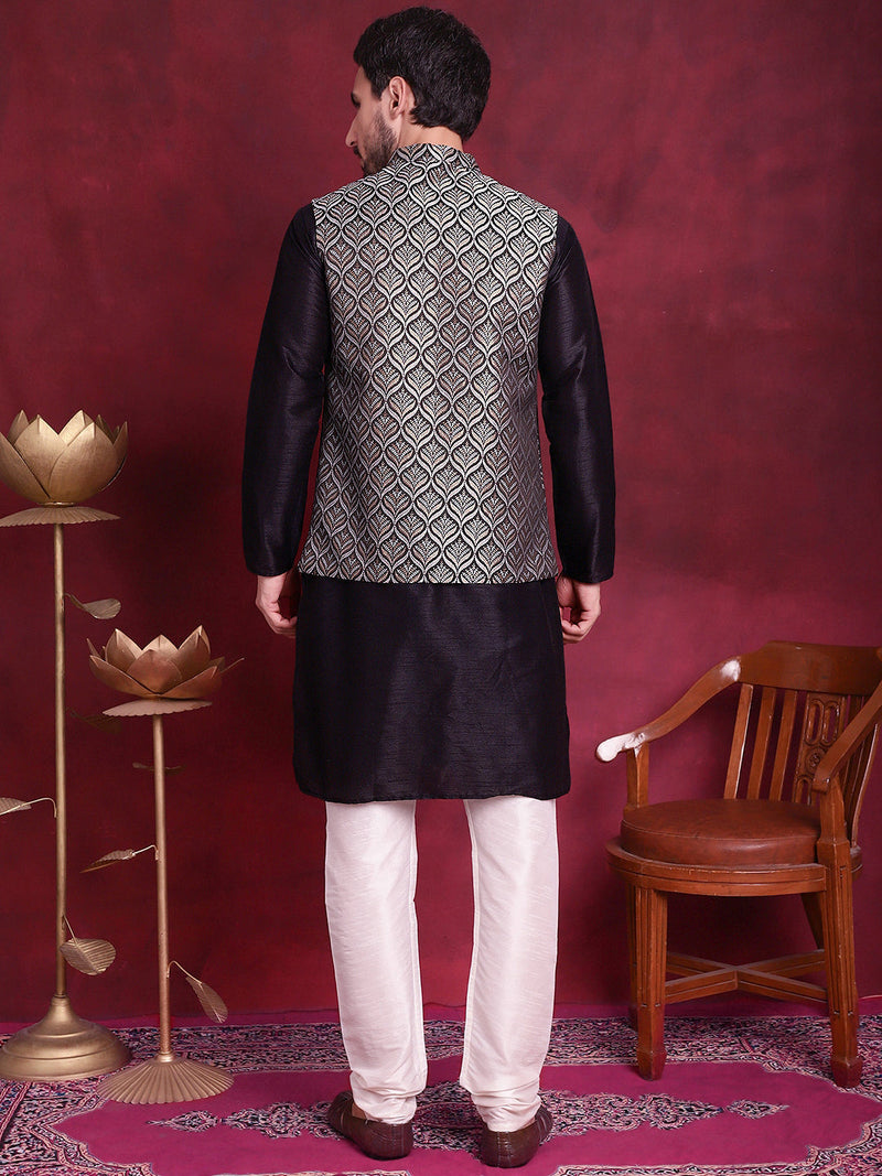 Woven Design Nehru Jacket With Kurta Pyjama Set ( JOKPWC 636B 4088 Silver )