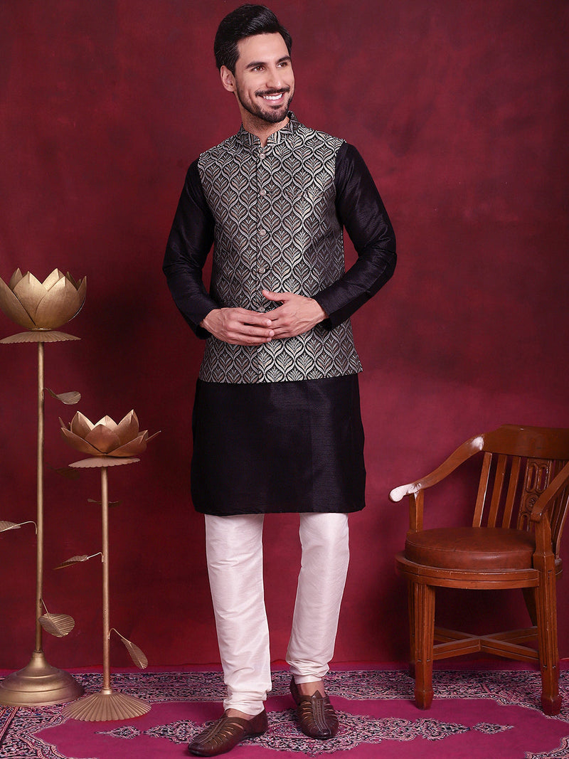 Woven Design Nehru Jacket With Kurta Pyjama Set ( JOKPWC 636B 4088 Silver )