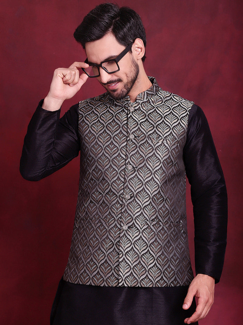 Woven Design Nehru Jacket With Kurta Pyjama Set ( JOKPWC 636B 4088 Silver )