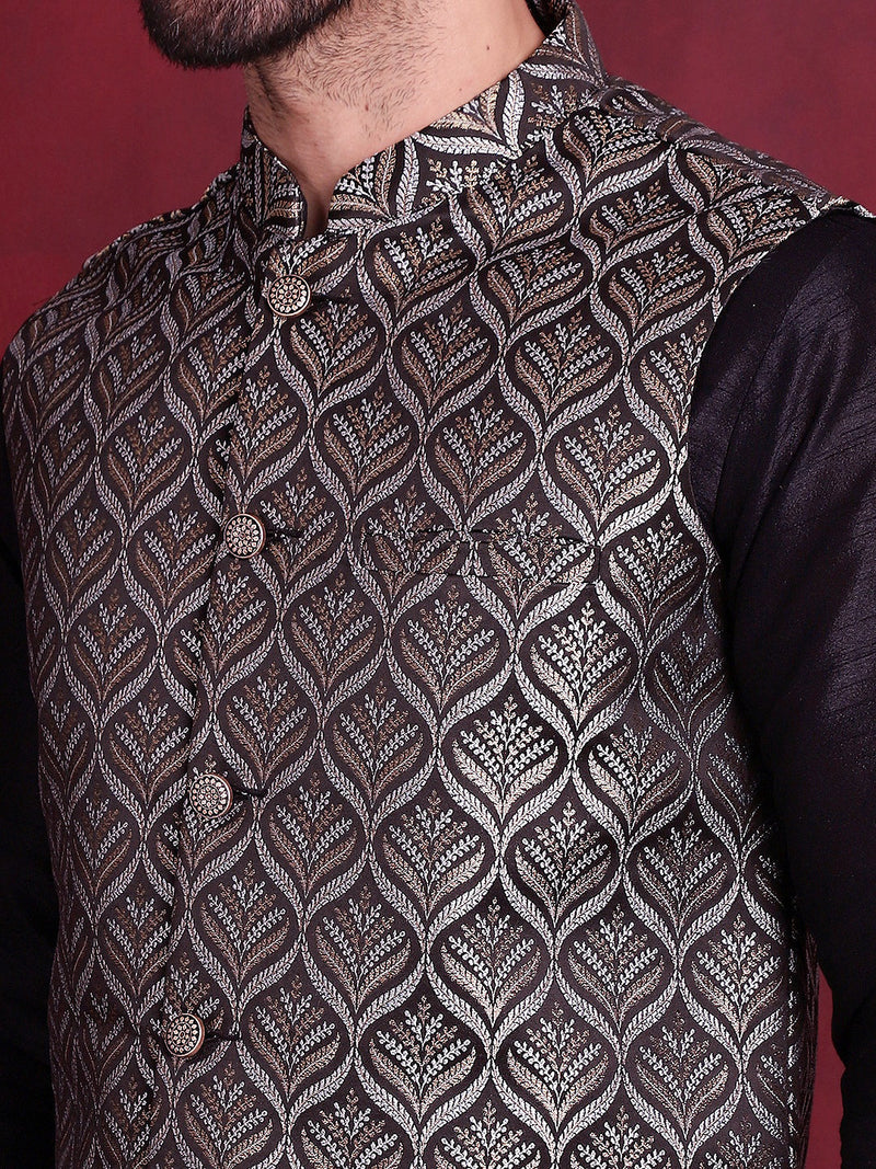 Woven Design Nehru Jacket With Kurta Pyjama Set ( JOKPWC 636B 4088 Silver )