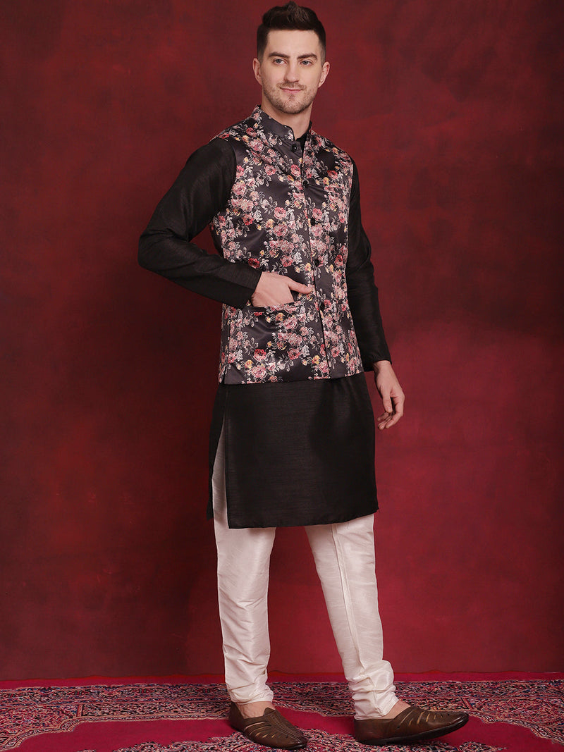 Black Floral Printed Nehru Jacket With Kurta Pyjama Set ( JOKPWC 636B 4090Black )