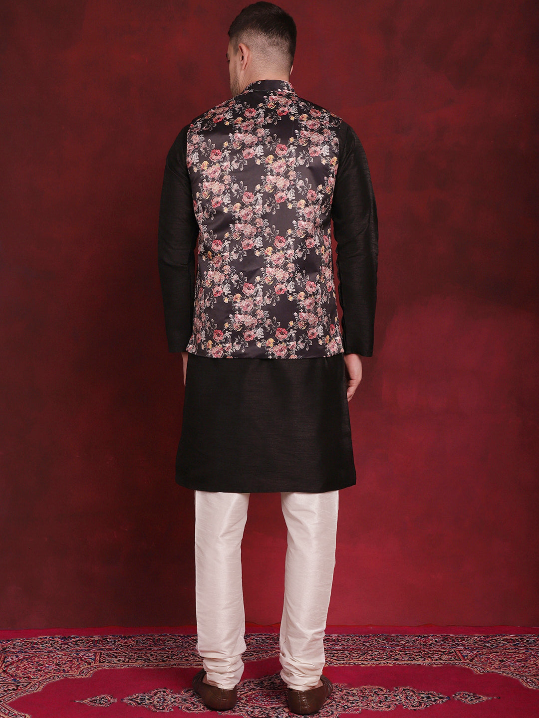 Black Floral Printed Nehru Jacket With Kurta Pyjama Set ( JOKPWC 636B 4090Black )