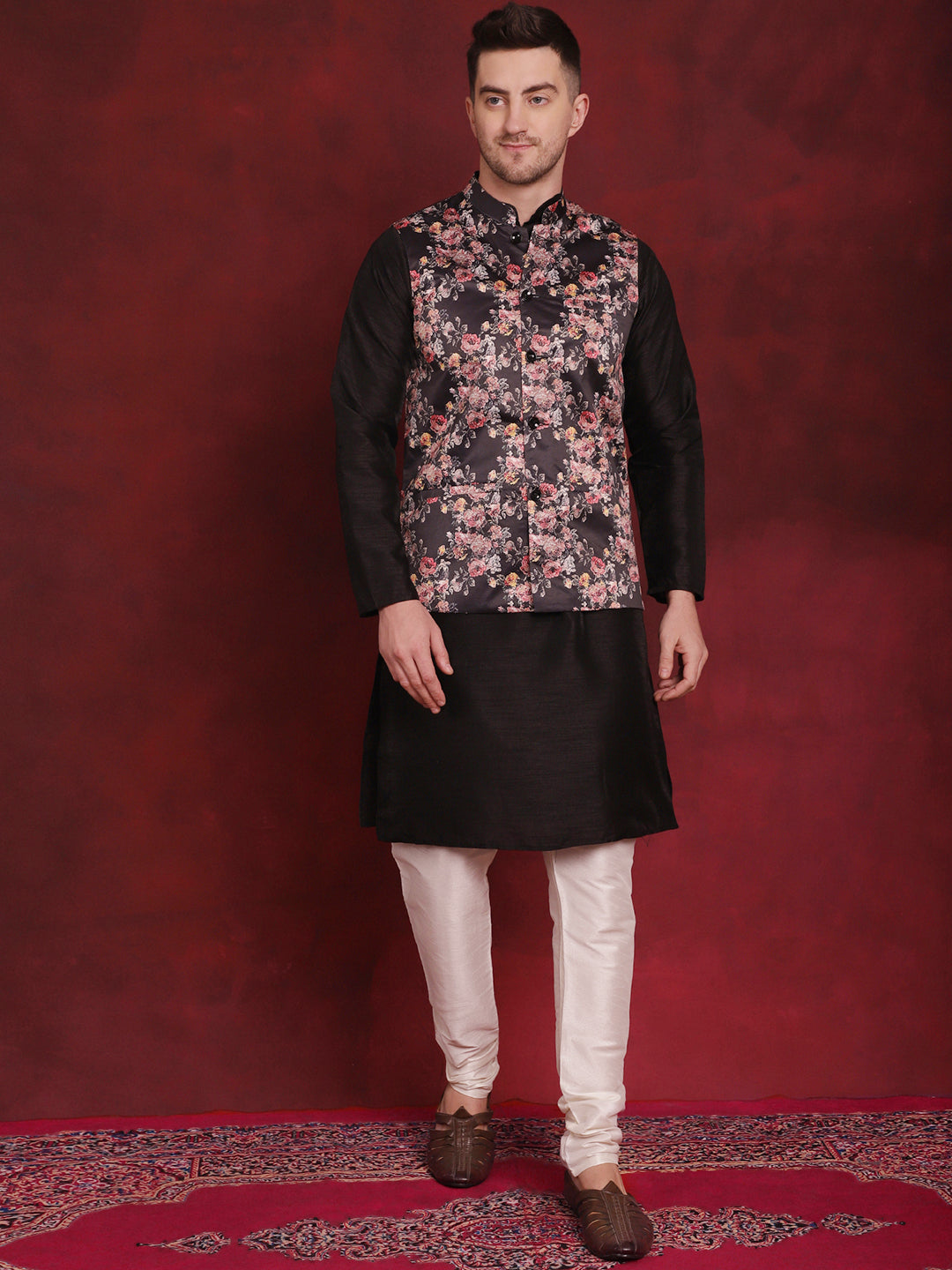 Black Floral Printed Nehru Jacket With Kurta Pyjama Set ( JOKPWC 636B 4090Black )
