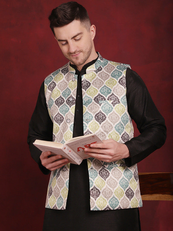 Green Floral Printed Nehru Jacket With Kurta Pyjama Set ( JOKPWC 636B 4090Green )