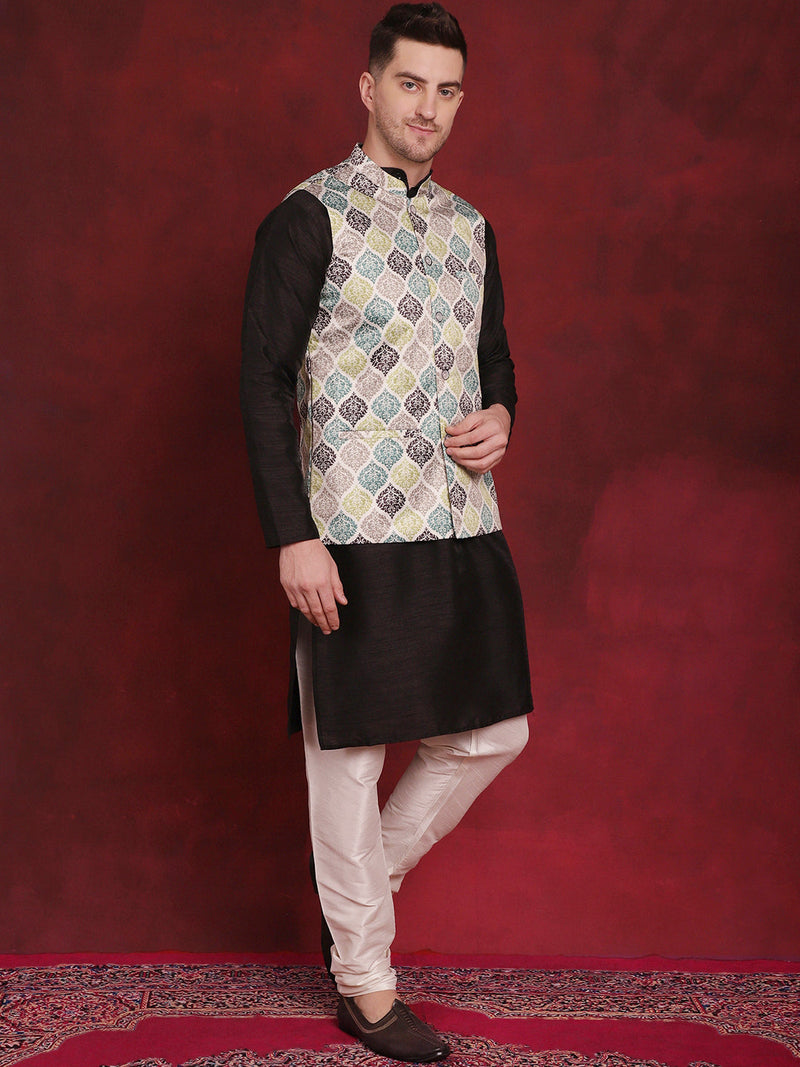 Green Floral Printed Nehru Jacket With Kurta Pyjama Set ( JOKPWC 636B 4090Green )