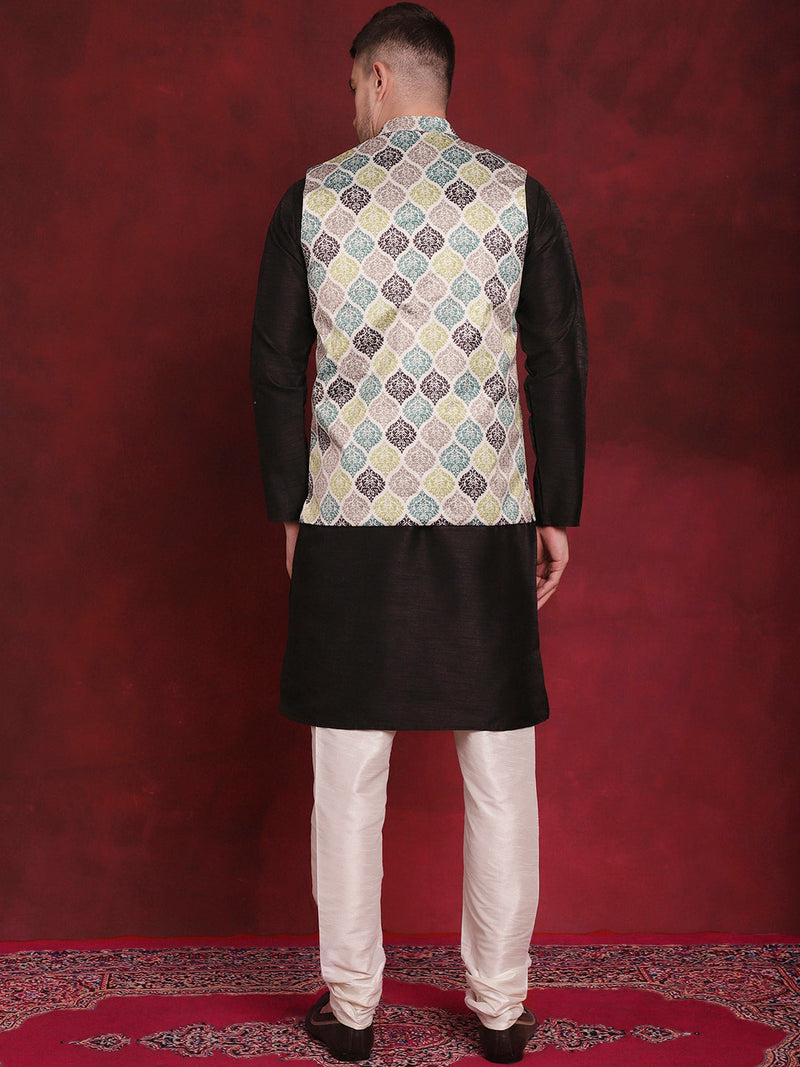 Green Floral Printed Nehru Jacket With Kurta Pyjama Set ( JOKPWC 636B 4090Green )