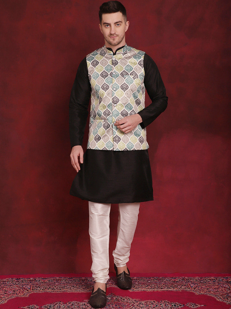 Green Floral Printed Nehru Jacket With Kurta Pyjama Set ( JOKPWC 636B 4090Green )