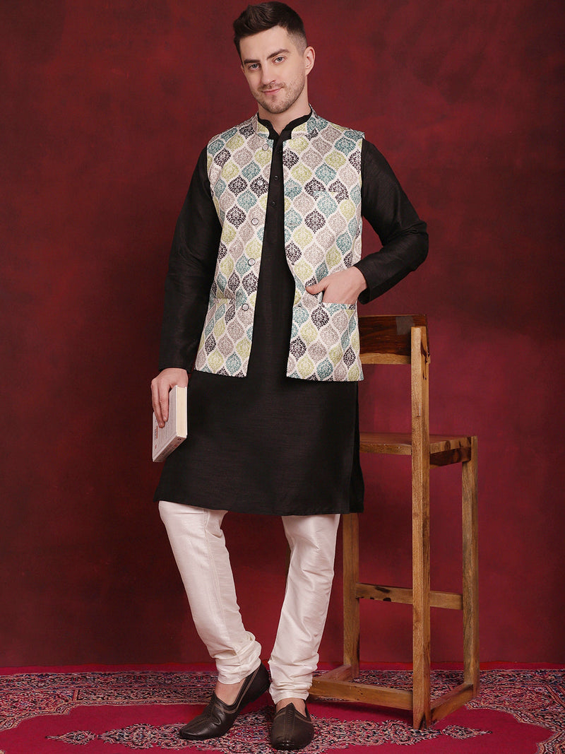 Green Floral Printed Nehru Jacket With Kurta Pyjama Set ( JOKPWC 636B 4090Green )