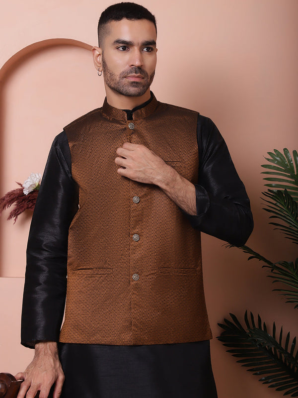 Men's Golden Woven Design Nehru Jacket With Solid Kurta Pyjama