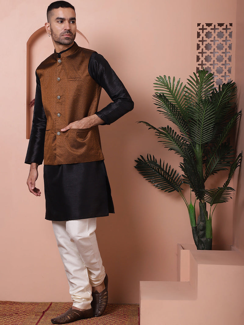 Men's Golden Woven Design Nehru Jacket With Solid Kurta Pyjama