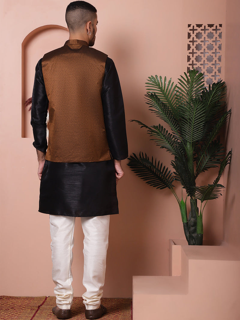 Men's Golden Woven Design Nehru Jacket With Solid Kurta Pyjama