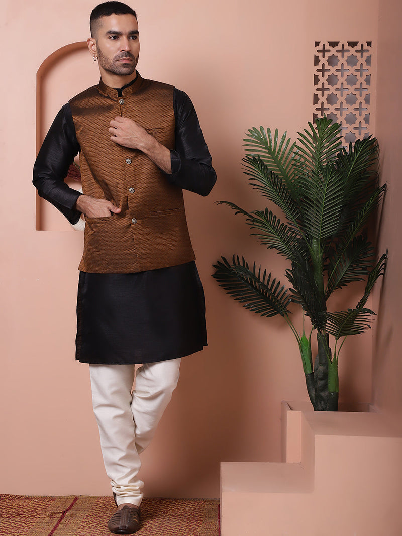 Men's Golden Woven Design Nehru Jacket With Solid Kurta Pyjama