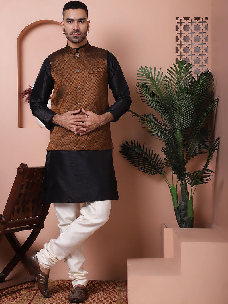 Men's Golden Woven Design Nehru Jacket With Solid Kurta Pyjama