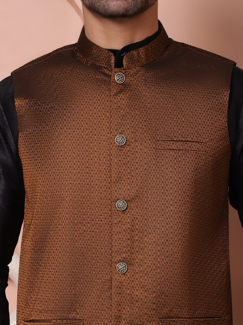 Men's Golden Woven Design Nehru Jacket With Solid Kurta Pyjama