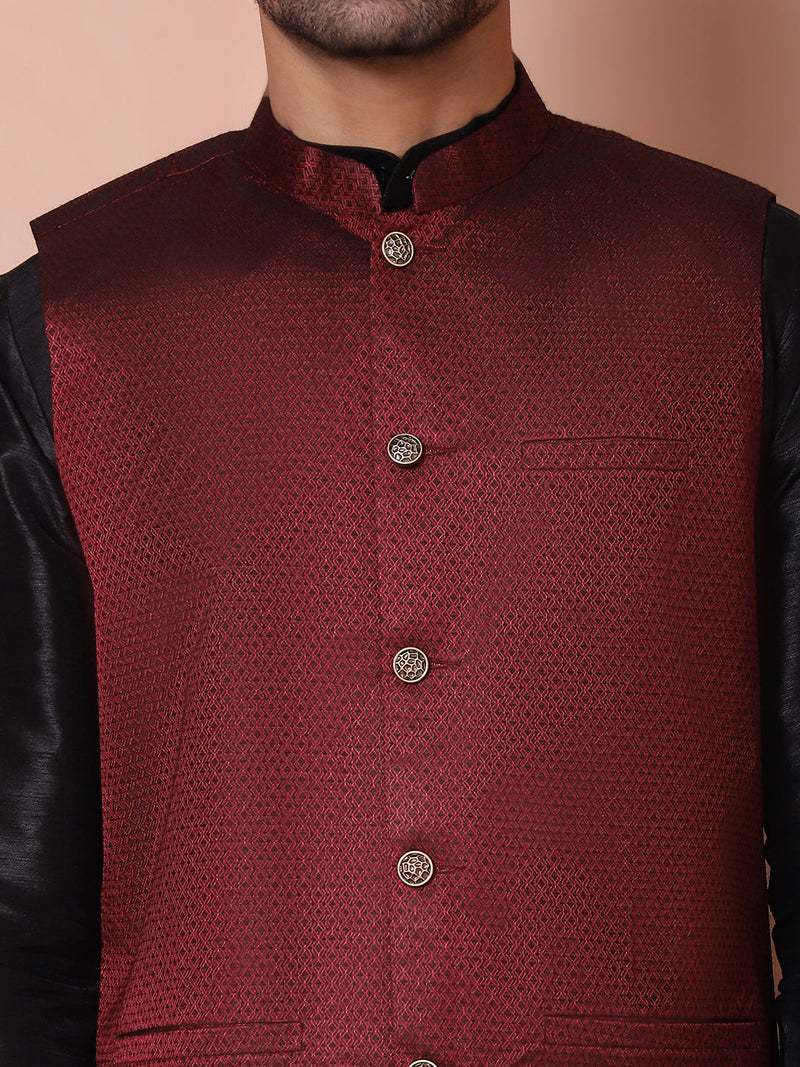 Men's Maroon Woven Design Nehru Jacket With Solid Kurta Pyjama