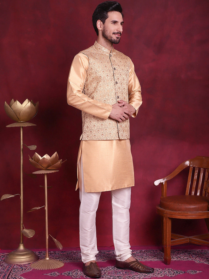 Woven Design Nehru Jacket With Kurta Pyjama Set ( JOKPWC 636DG 4089 Cream )