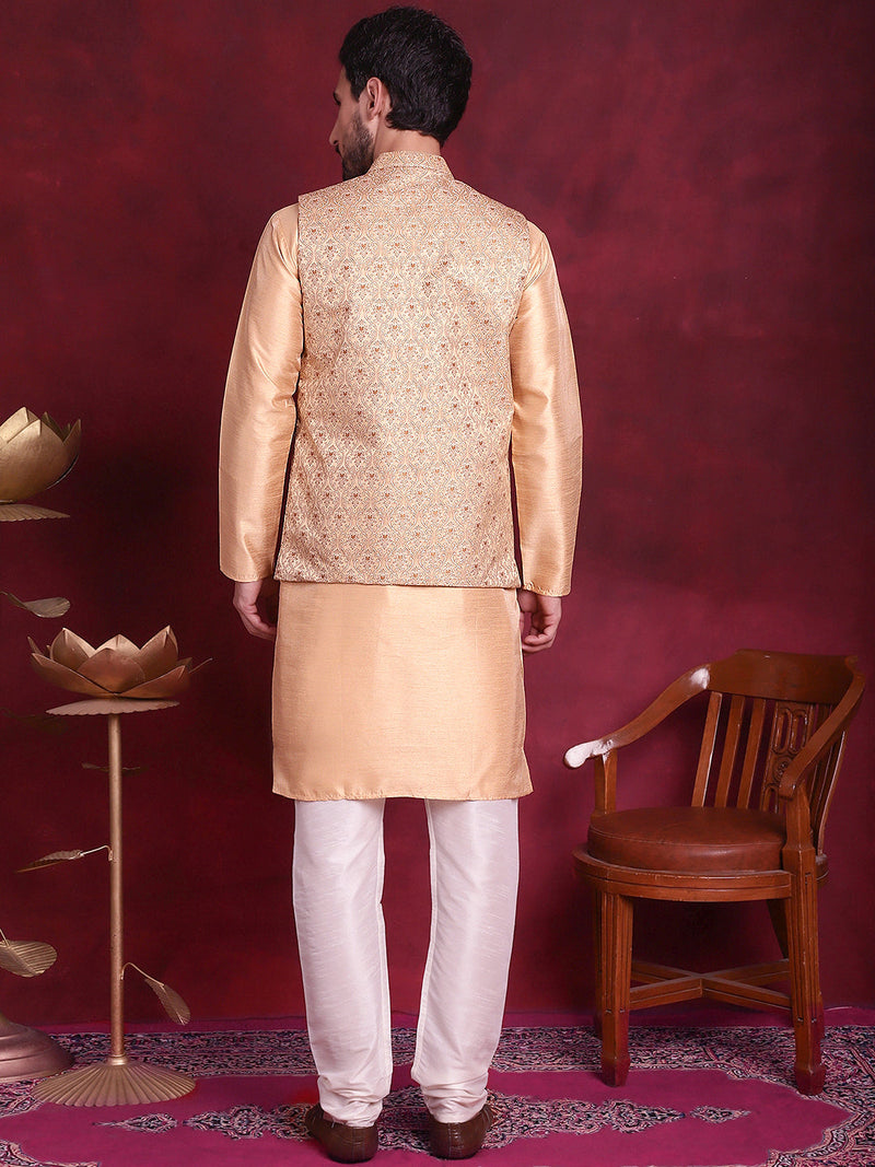 Woven Design Nehru Jacket With Kurta Pyjama Set ( JOKPWC 636DG 4089 Cream )