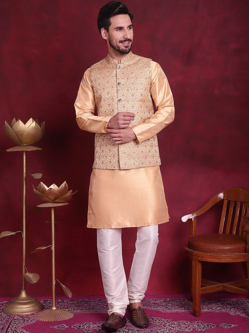 Woven Design Nehru Jacket With Kurta Pyjama Set ( JOKPWC 636DG 4089 Cream )