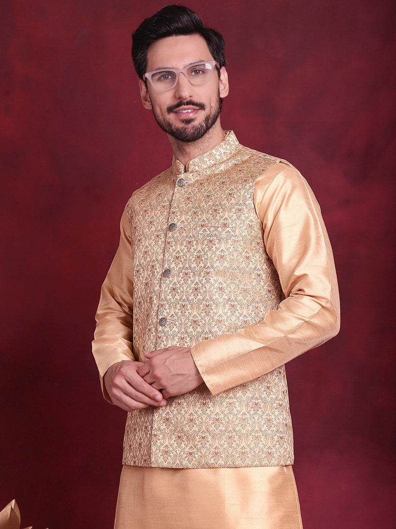 Woven Design Nehru Jacket With Kurta Pyjama Set ( JOKPWC 636DG 4089 Cream )