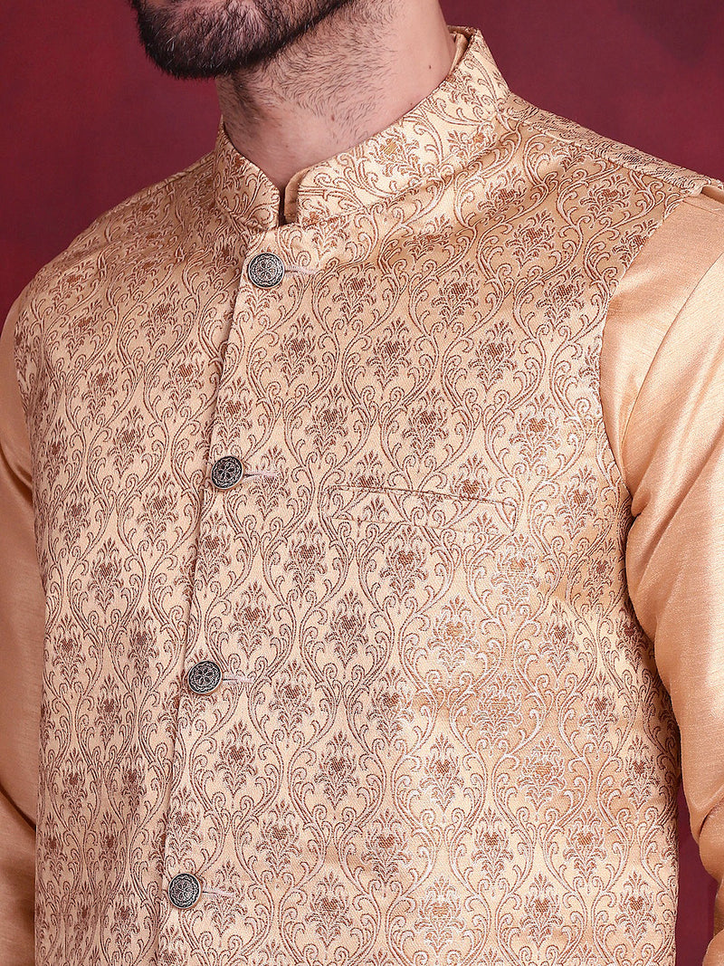 Woven Design Nehru Jacket With Kurta Pyjama Set ( JOKPWC 636DG 4089 Cream )