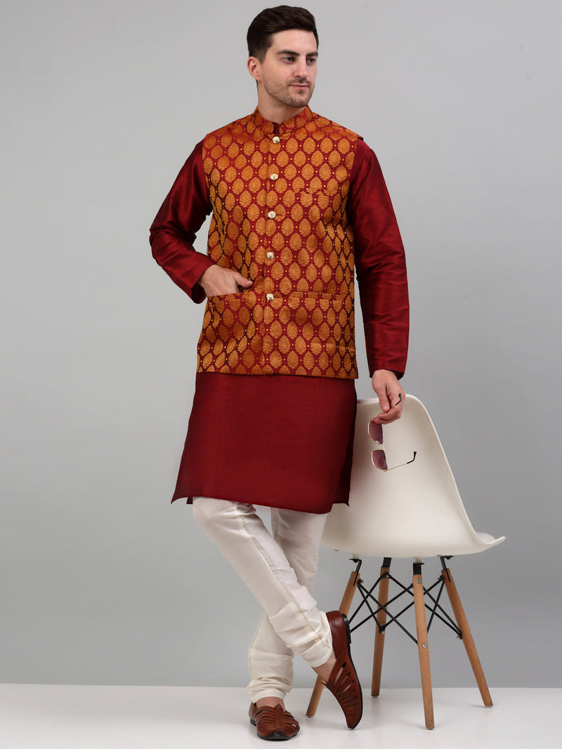 Men's Woven Design Nehru Jacket and Kurta Pyjama Set