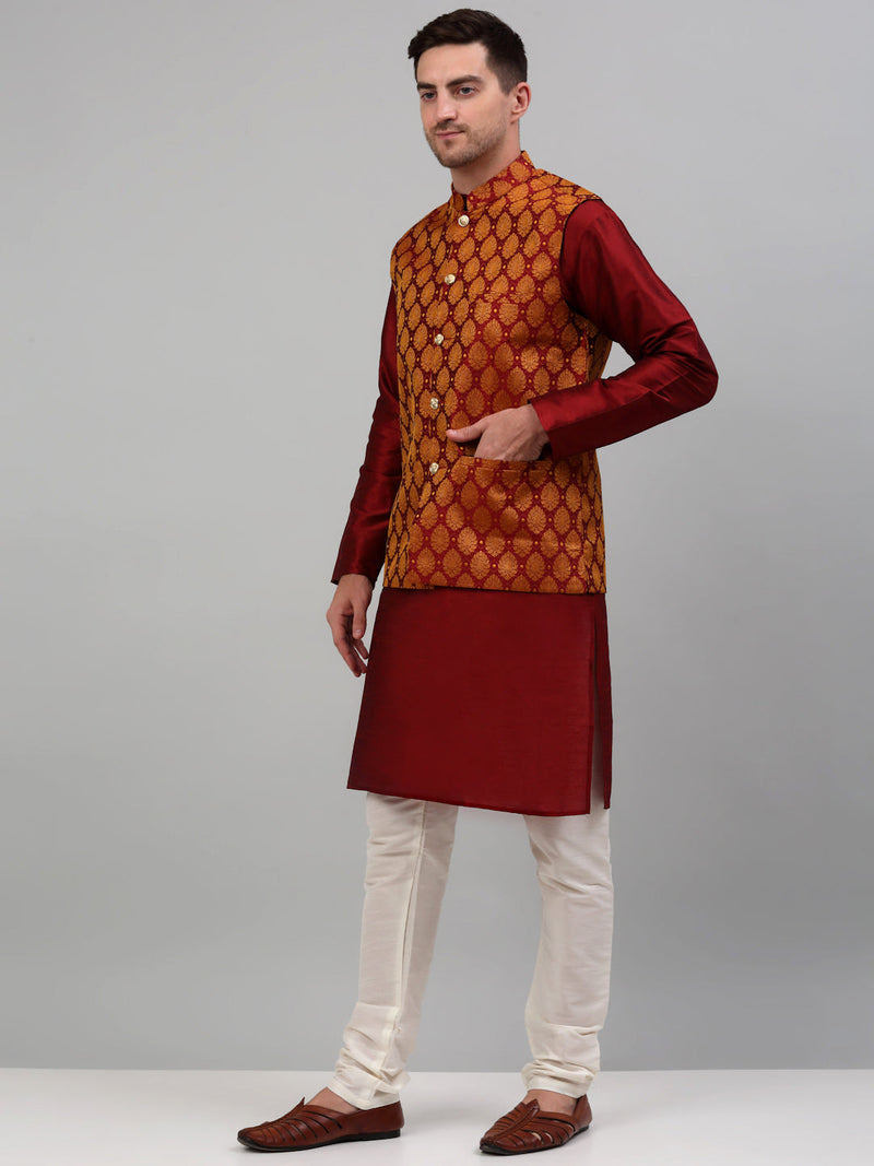 Men's Woven Design Nehru Jacket and Kurta Pyjama Set