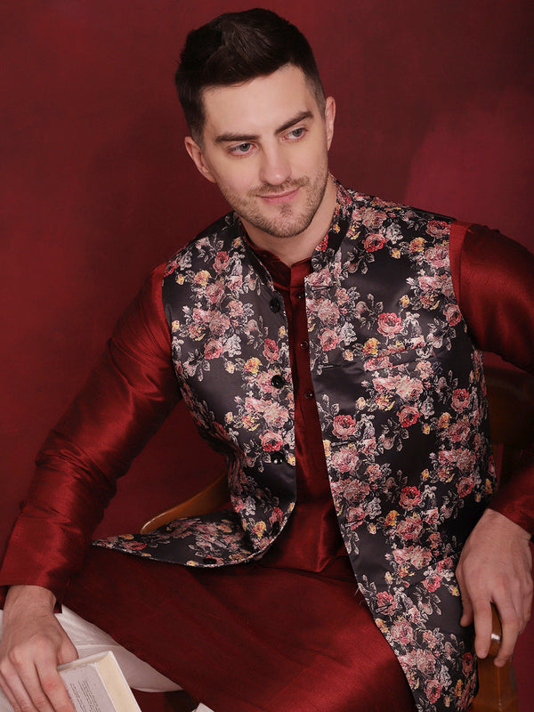 Black Floral Printed Nehru Jacket With Kurta Pyjama Set ( JOKPWC 636M 4090Black )