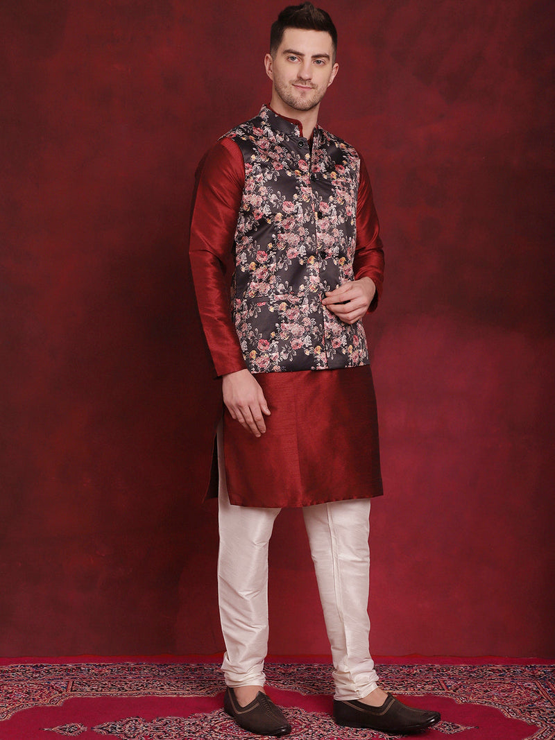 Black Floral Printed Nehru Jacket With Kurta Pyjama Set ( JOKPWC 636M 4090Black )