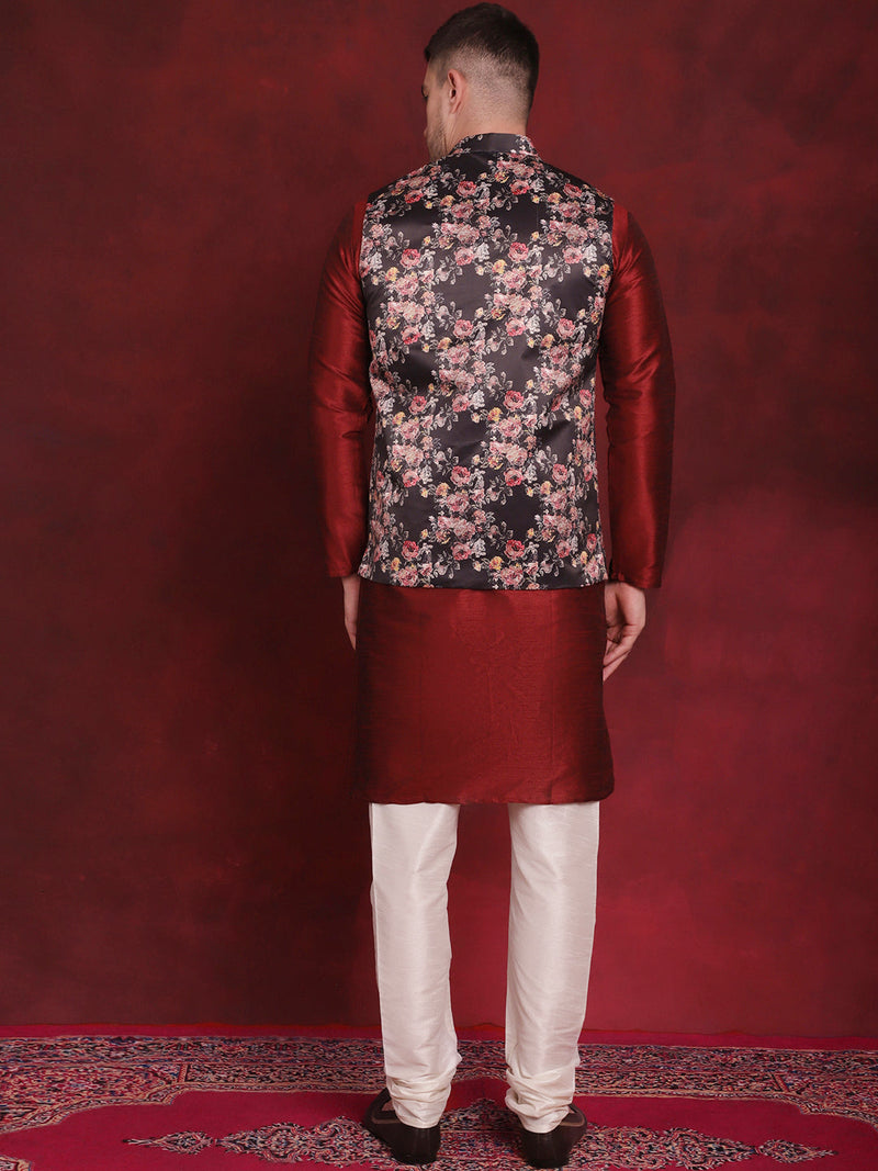 Black Floral Printed Nehru Jacket With Kurta Pyjama Set ( JOKPWC 636M 4090Black )