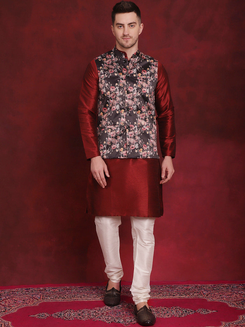 Black Floral Printed Nehru Jacket With Kurta Pyjama Set ( JOKPWC 636M 4090Black )