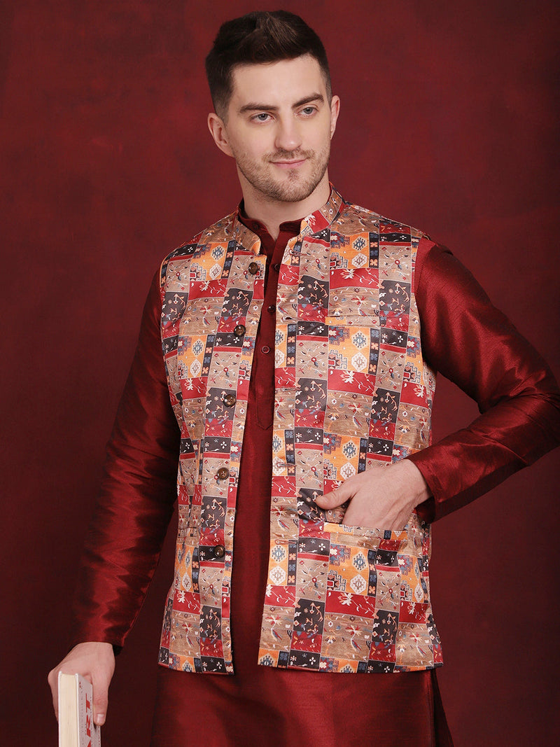 Multi Printed Nehru Jacket With Kurta Pyjama Set ( JOKPWC 636M 4090Multi )