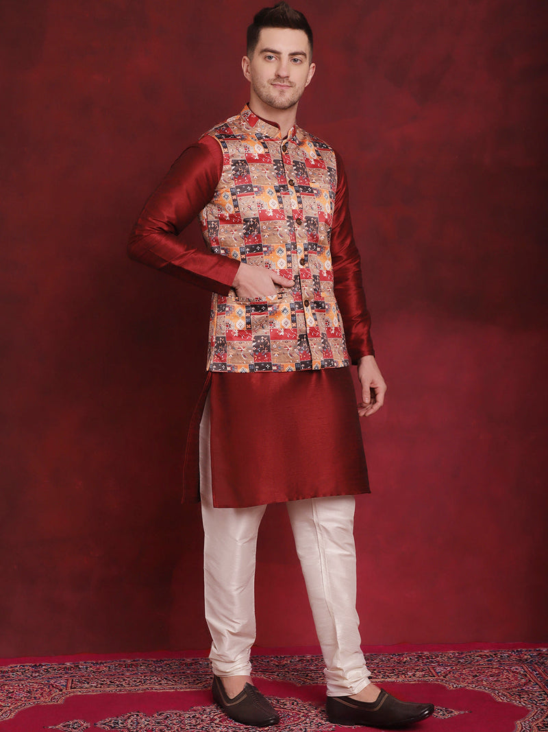 Multi Printed Nehru Jacket With Kurta Pyjama Set ( JOKPWC 636M 4090Multi )