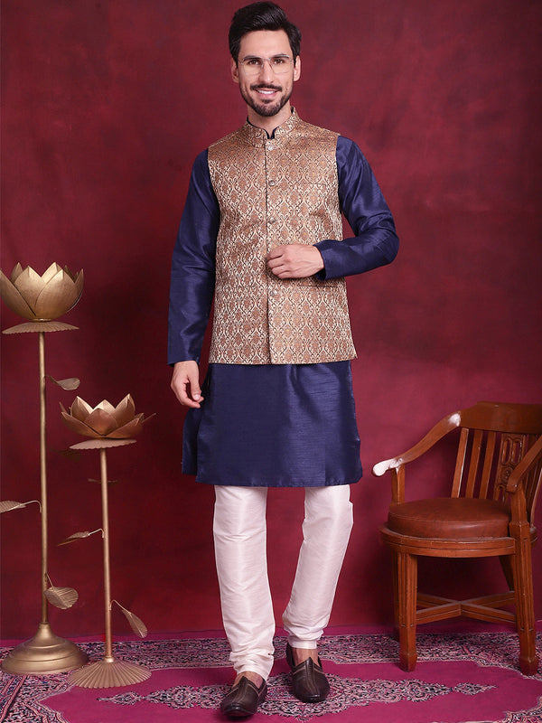 Woven Design Nehru Jacket With Kurta Pyjama Set ( JOKPWC 636N 4089 Brown )