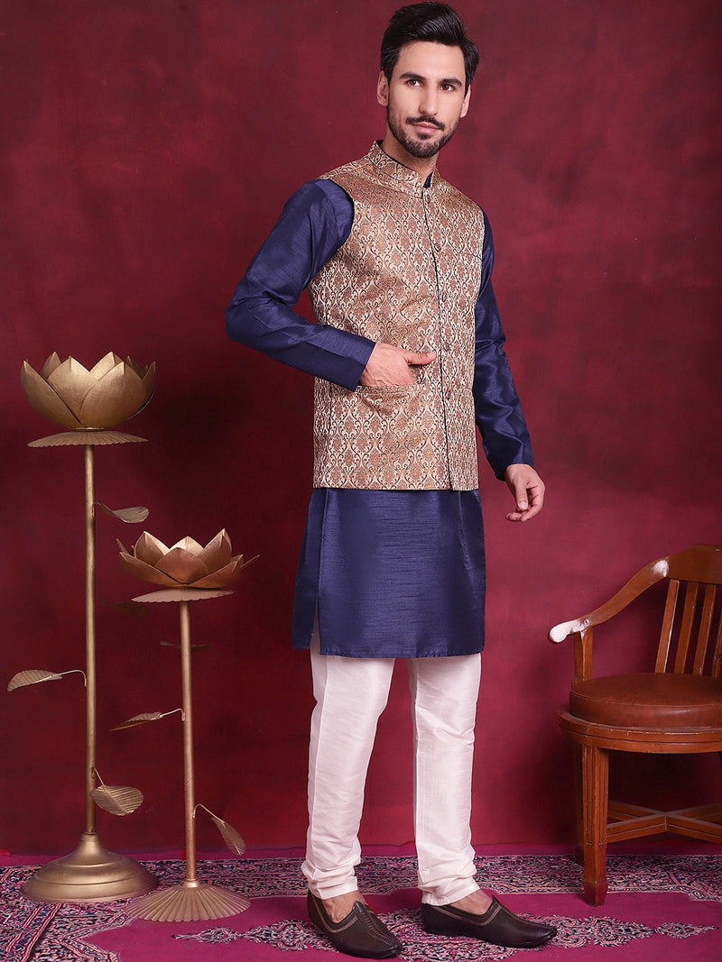 Woven Design Nehru Jacket With Kurta Pyjama Set ( JOKPWC 636N 4089 Brown )