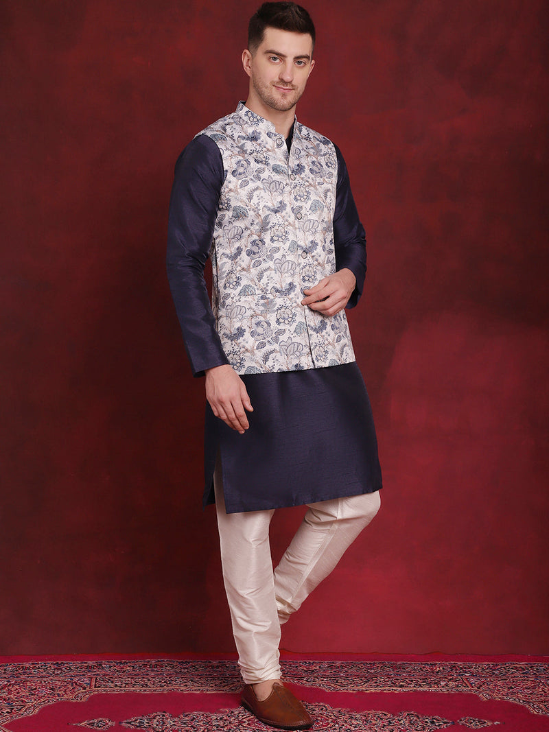 White Floral Printed Nehru Jacket With Kurta Pyjama Set ( JOKPWC 636N 4090White )