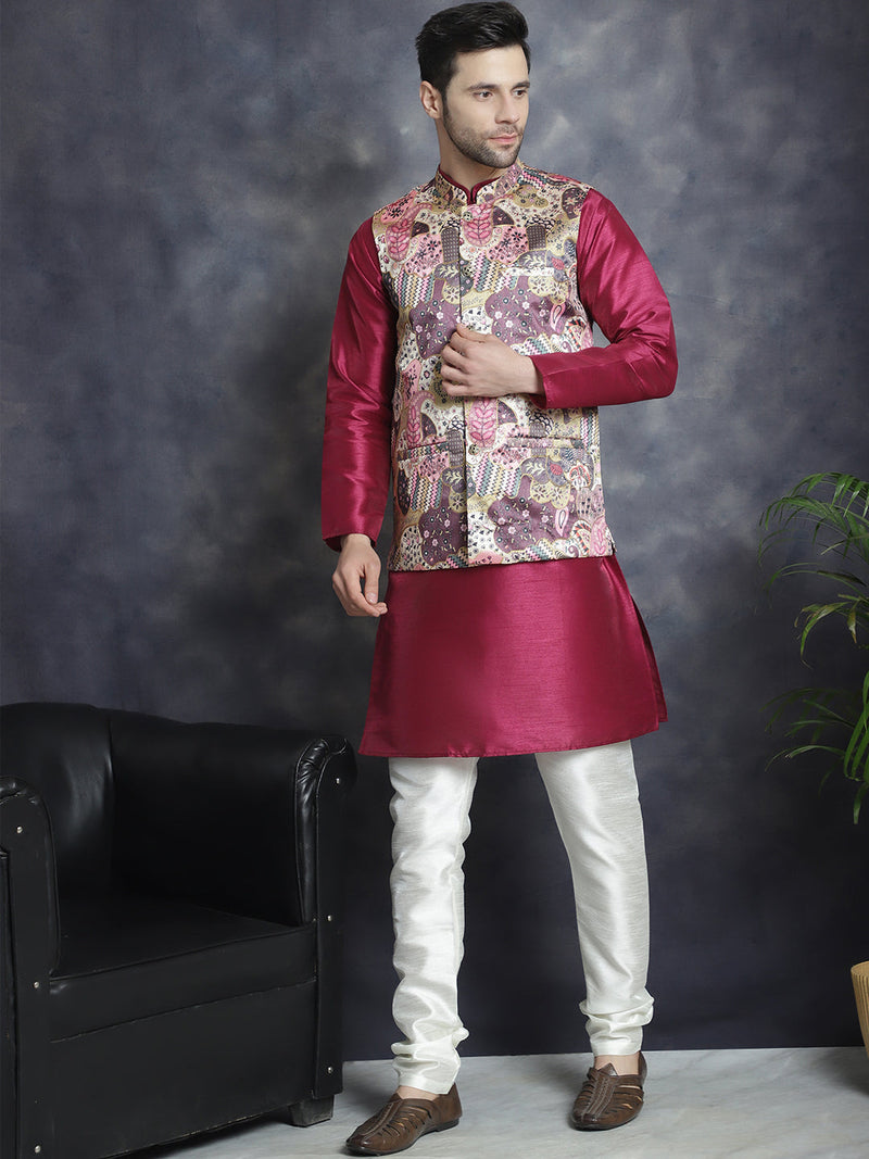 Men's Digital Print and Zari Work Nehru Jacket With Kurta Pyjama Set ( JOKPWC 636PR 4086Purple )